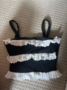 Zara Black Ruffle Ribbed Crop Tank Top - Women's